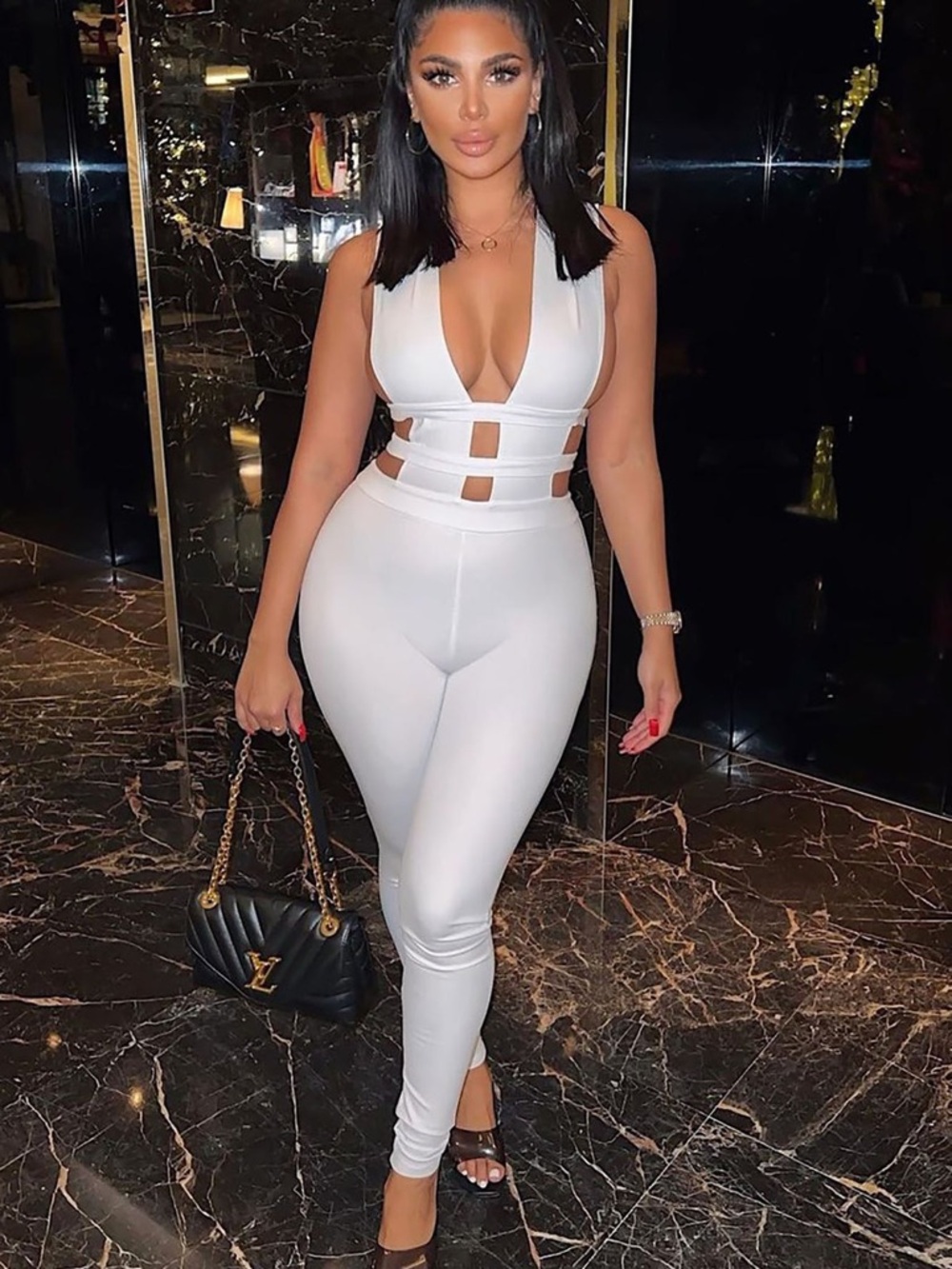 Fashion Nova White Cutout Plunge Jumpsuit